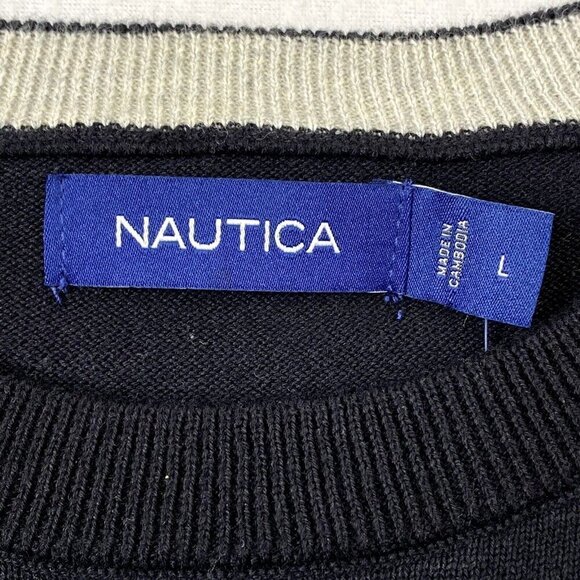 Nautica Crew Neck Sweater Top Mens size Large Black Off White Stripe - Picture 6 of 11